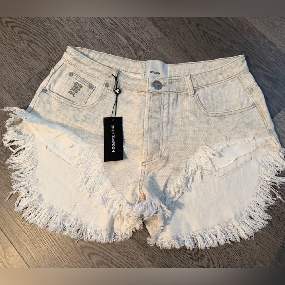 One Teaspoon Off-White Frayed Hem Denim Shorts